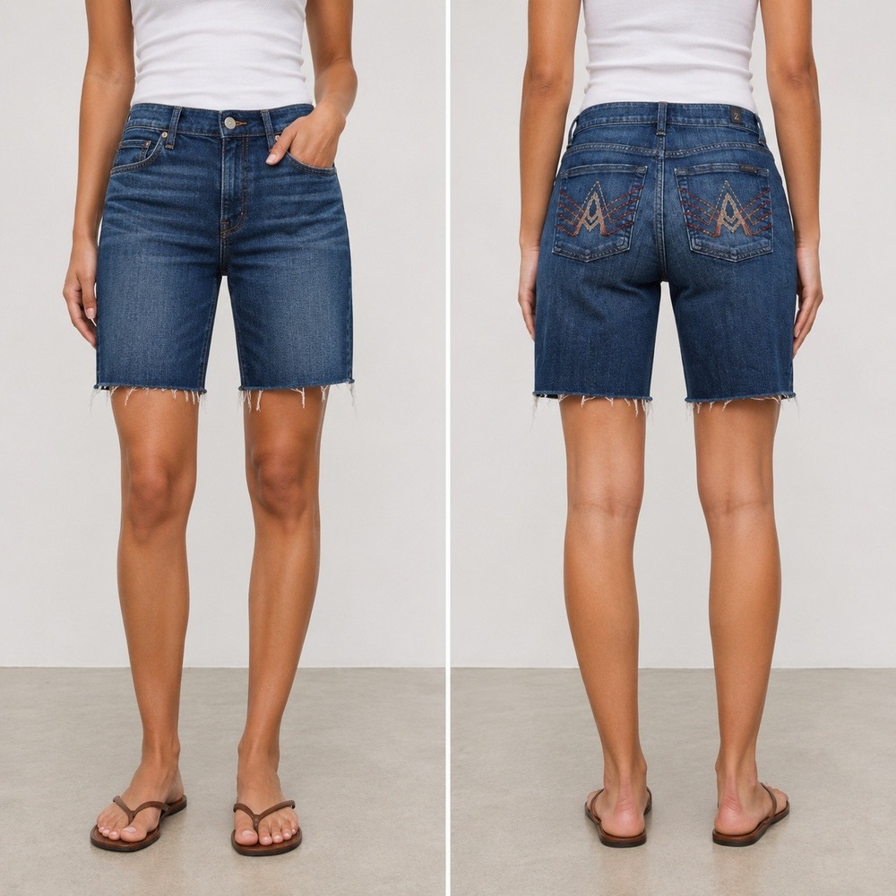 7 For All Mankind A-Pocket Bermuda Shorts Denim Blue Raw Hem Crystal 27